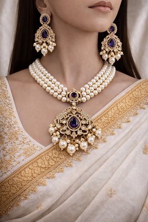 Luxury Look Pearl Mala Necklace with Moissanite Doublet Stone Pendant & Earrings