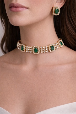 Premium Brass Kundan Doublet Moissanite Stone Choker with Elegant Stud Earrings