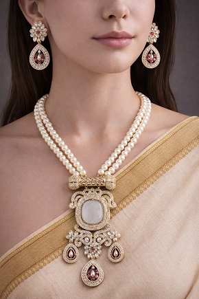 Premium Long Pearl (Moti) Necklace with Broad Doublet Stone Pendant & Designer Earrings | Angel’s Imitation Jewellery