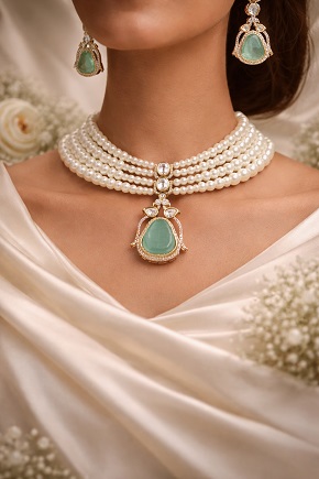 Luxury Pearl Choker with Moissanite & Doublet Stone Pendant | Angel’s Imitation Jewellery