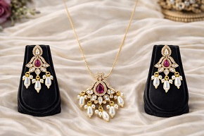 Premium Moissanite Polki Doublet Stone Pearl Drop Chain Pendant Set with Matching Earrings