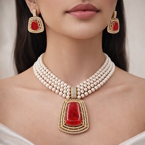 Elegant Marble Stone Moissanite Pearl Short Necklace with Matching Marble Stone Earrings